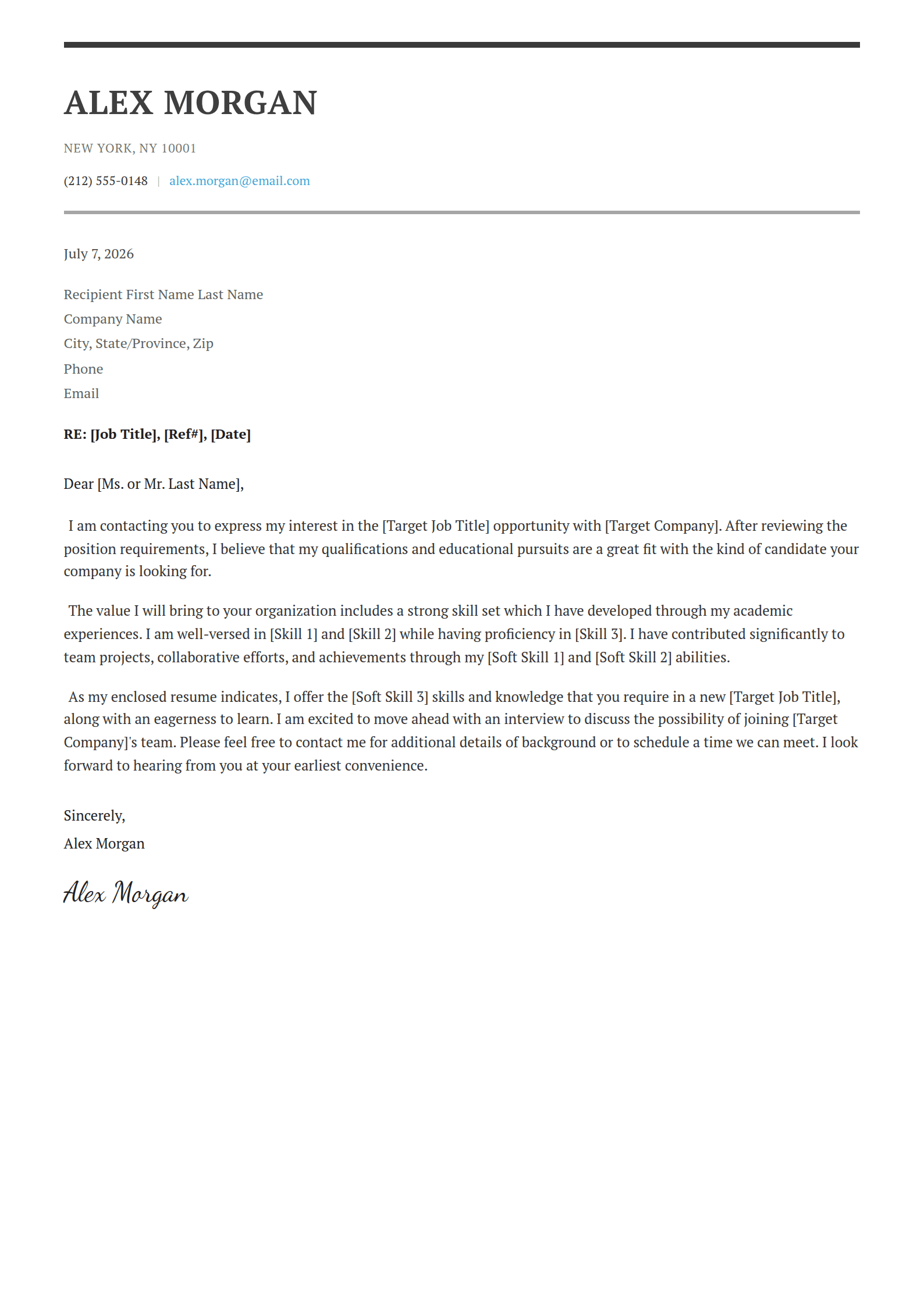Quarto cover letter template: A left-aligned letterhead between two rules.