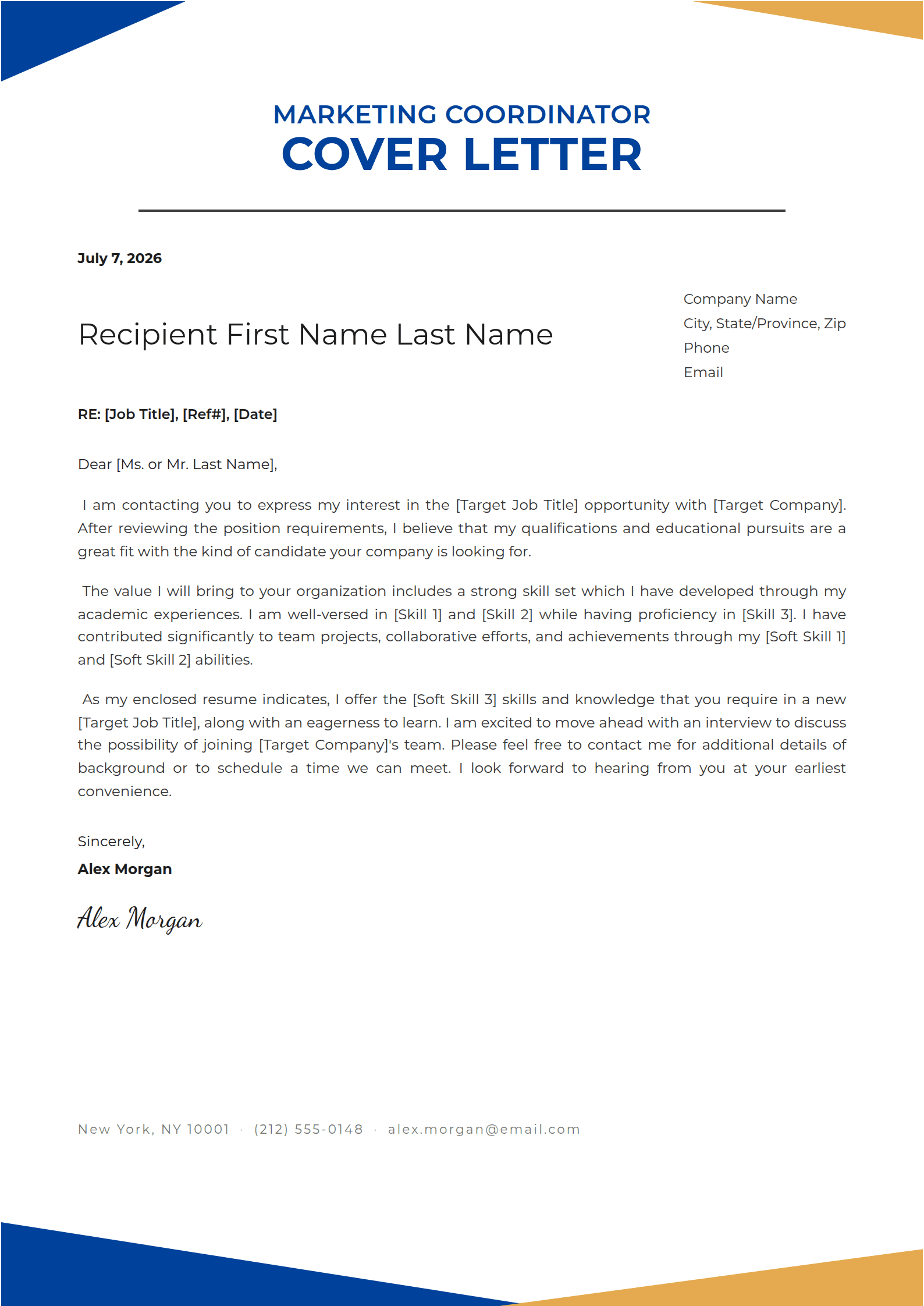 Quoin cover letter template: A bold "Cover Letter" title framed by coloured corners.