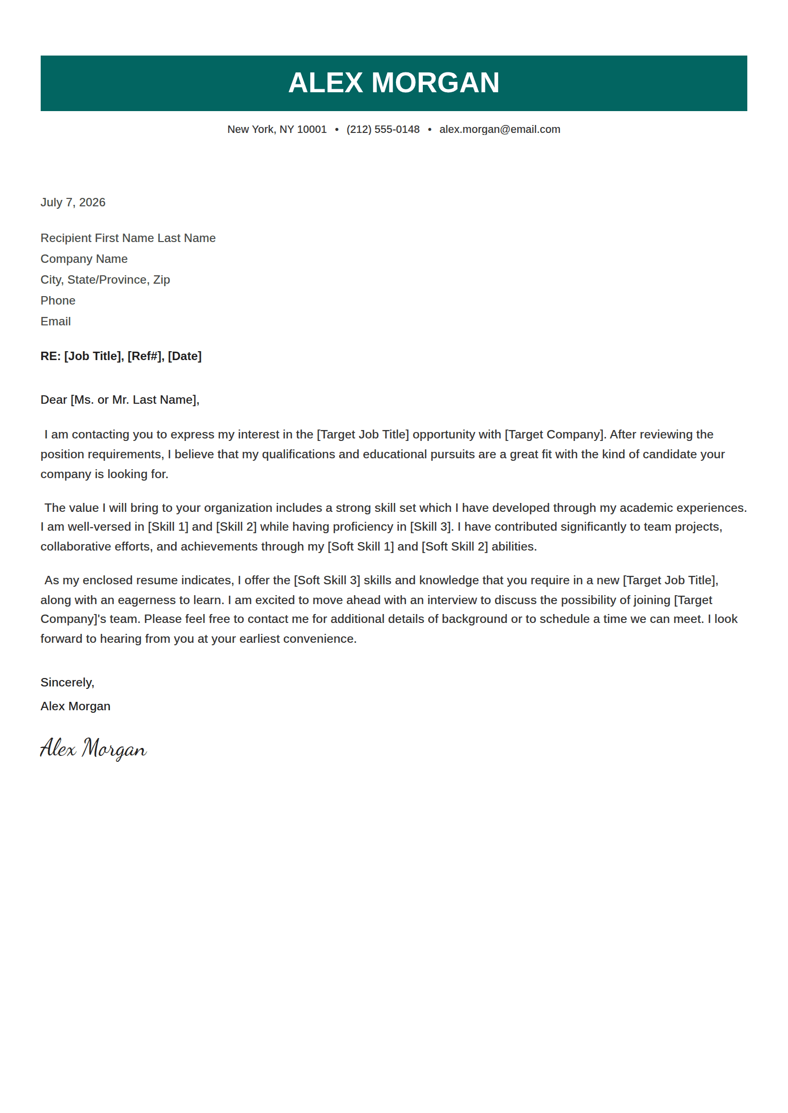 Ribbon cover letter template: Your name on a slim coloured strip, centred above the letter.