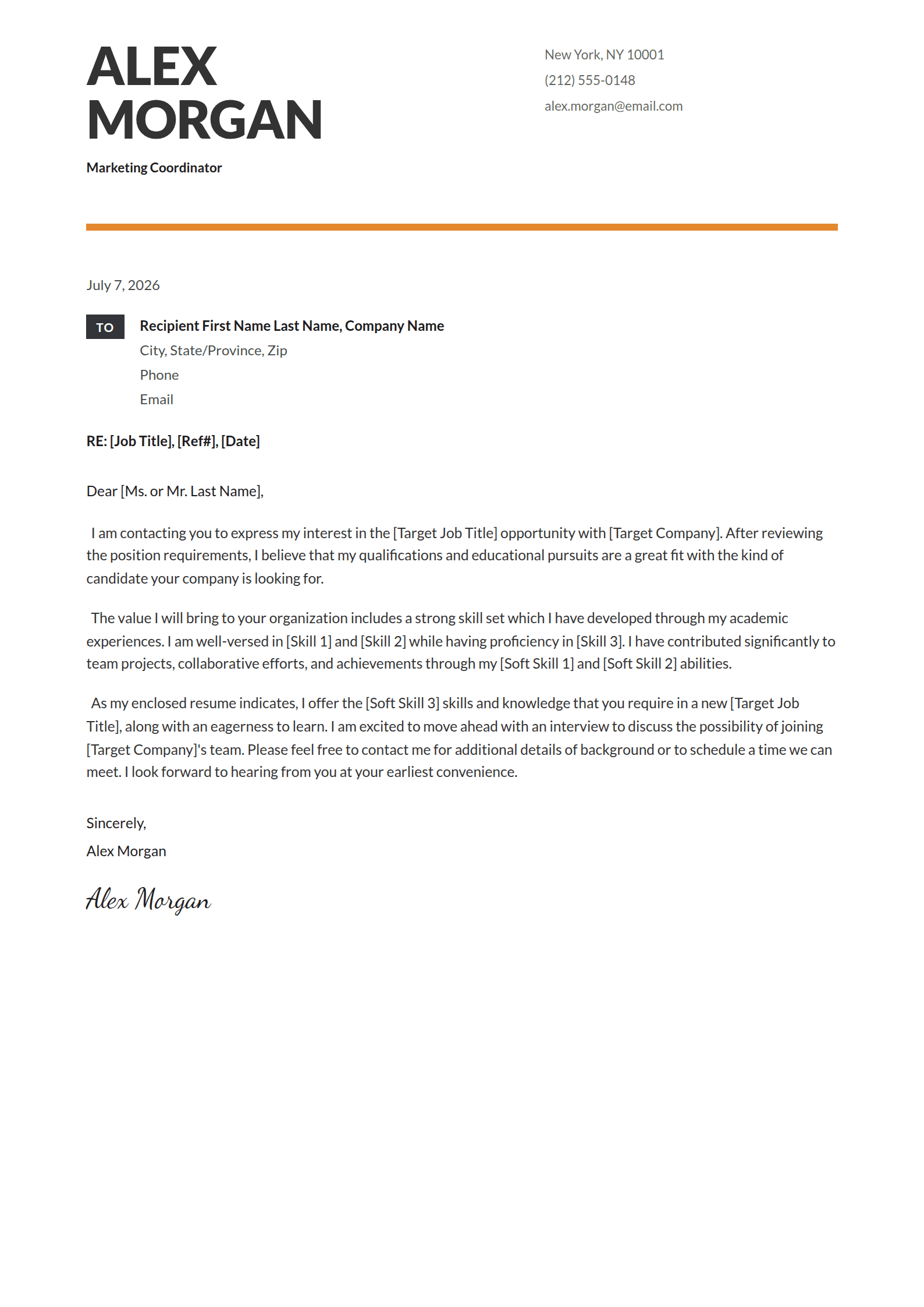 Rubric cover letter template: A heavy masthead and a labelled recipient.