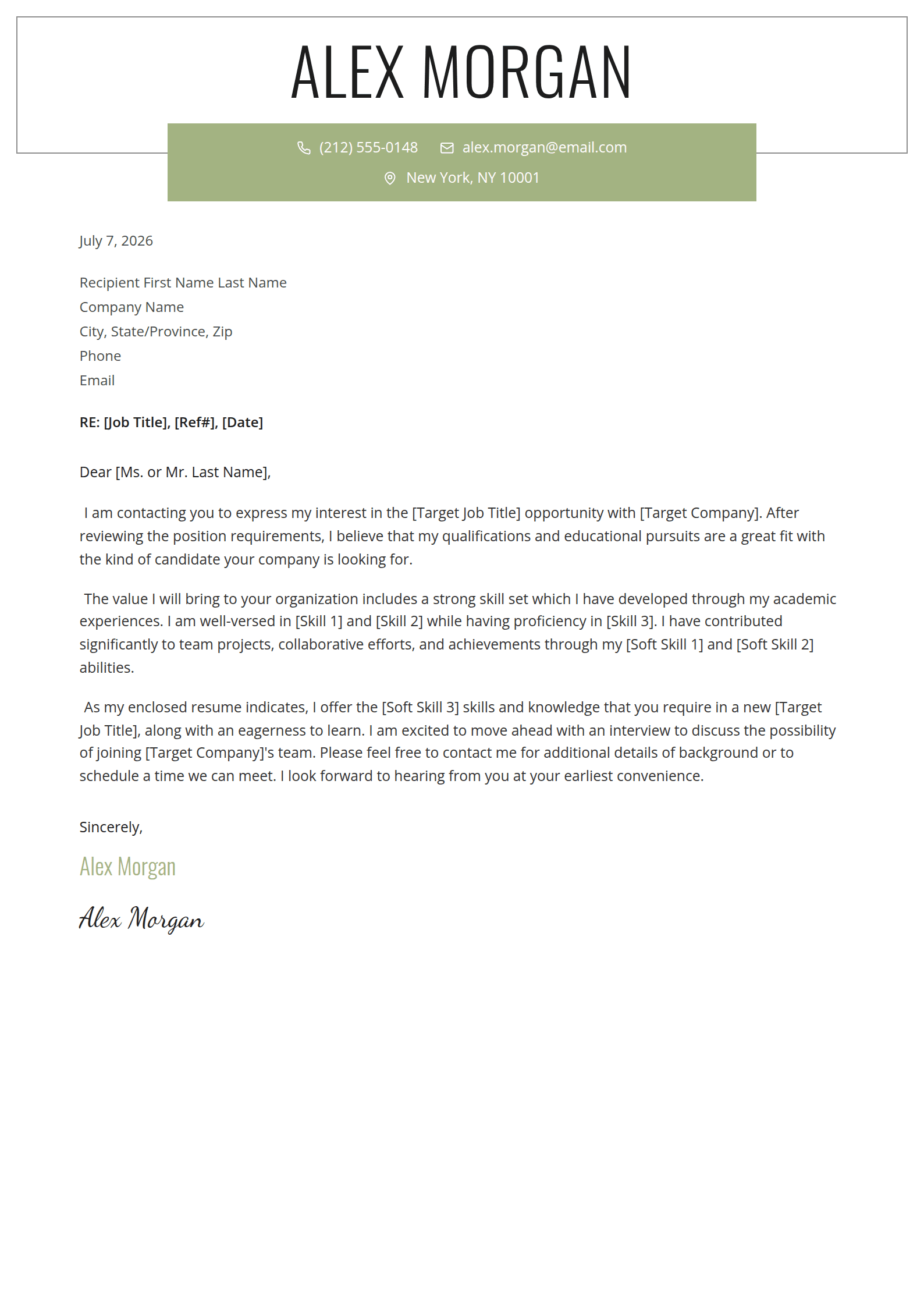 Sash cover letter template: A framed title crossed by a coloured contact band.