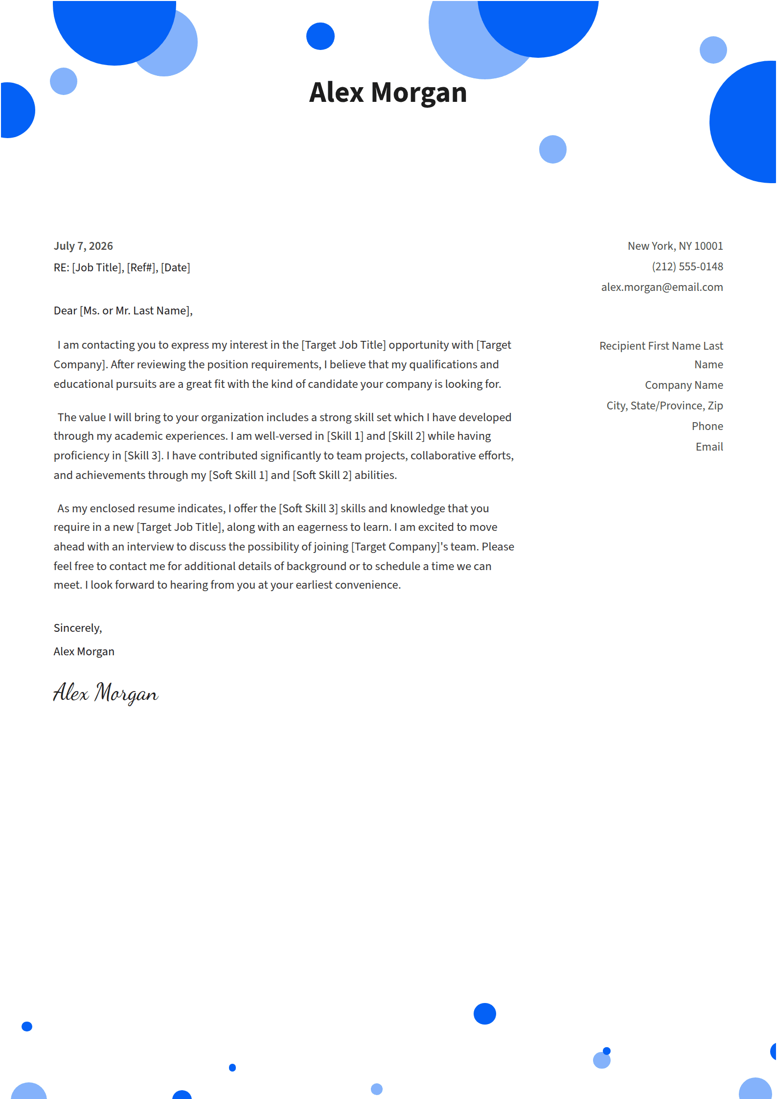 Spritz cover letter template: Bubbles in your colour at the head and foot.