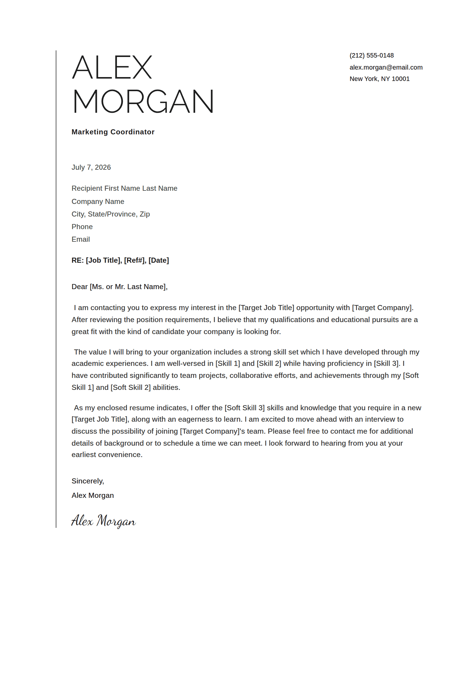 Stile cover letter template: A tall light name beside a single rule down the margin.