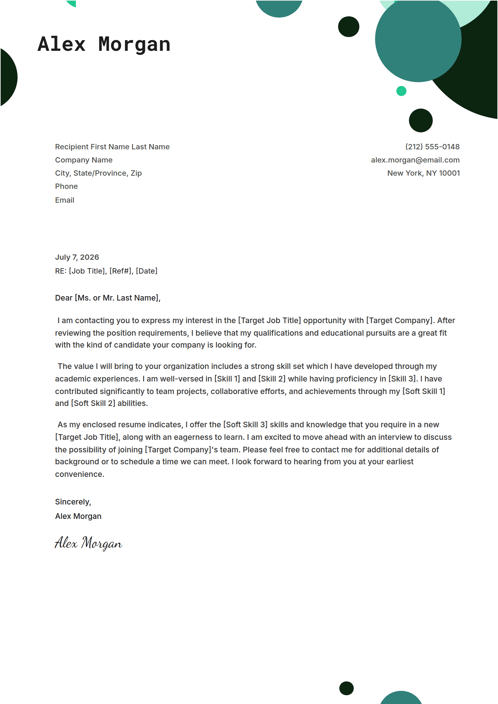 Tonic cover letter template: A cluster of green bubbles in the top corner.