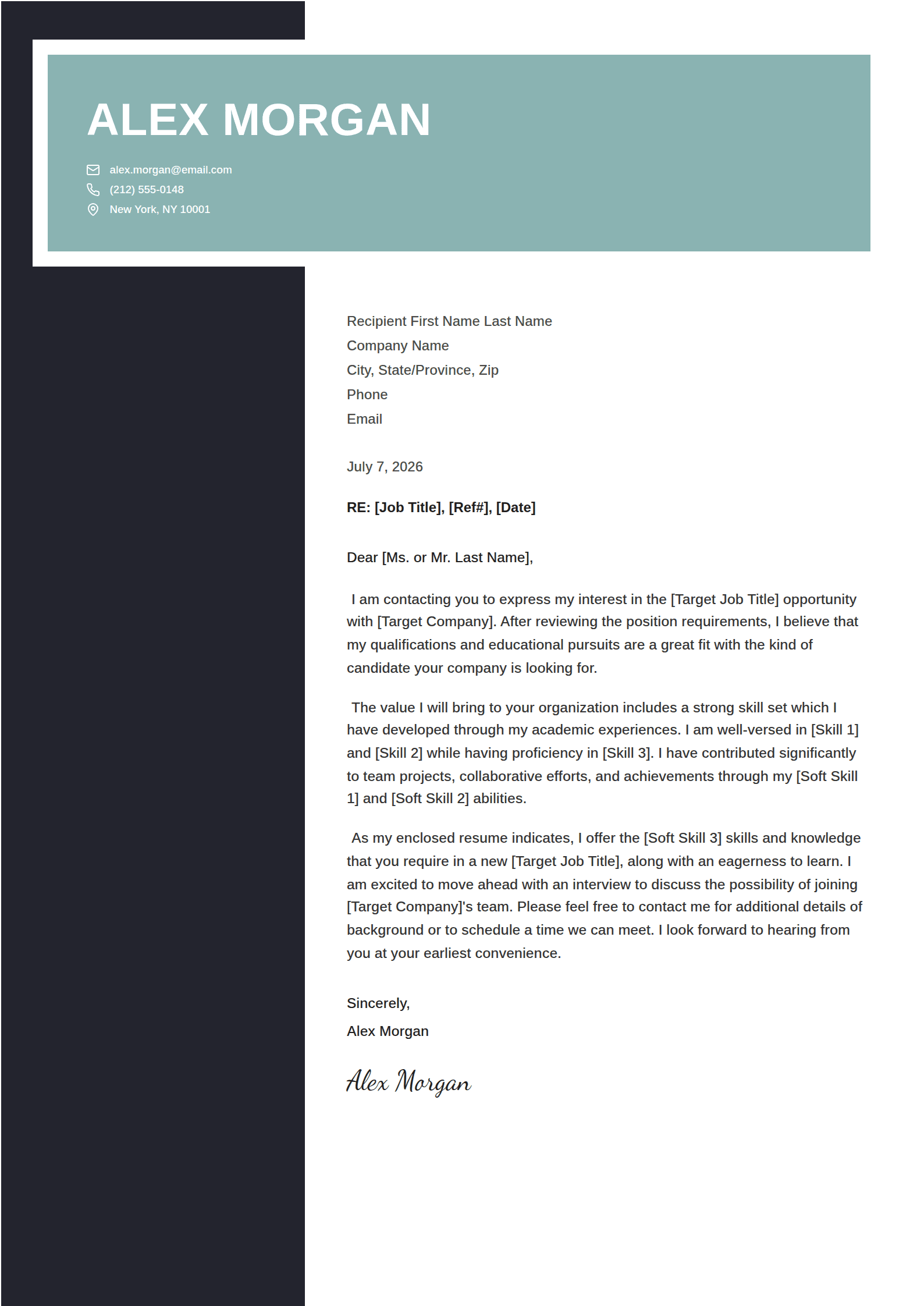 Transom cover letter template: A colour band laid across a dark sidebar.