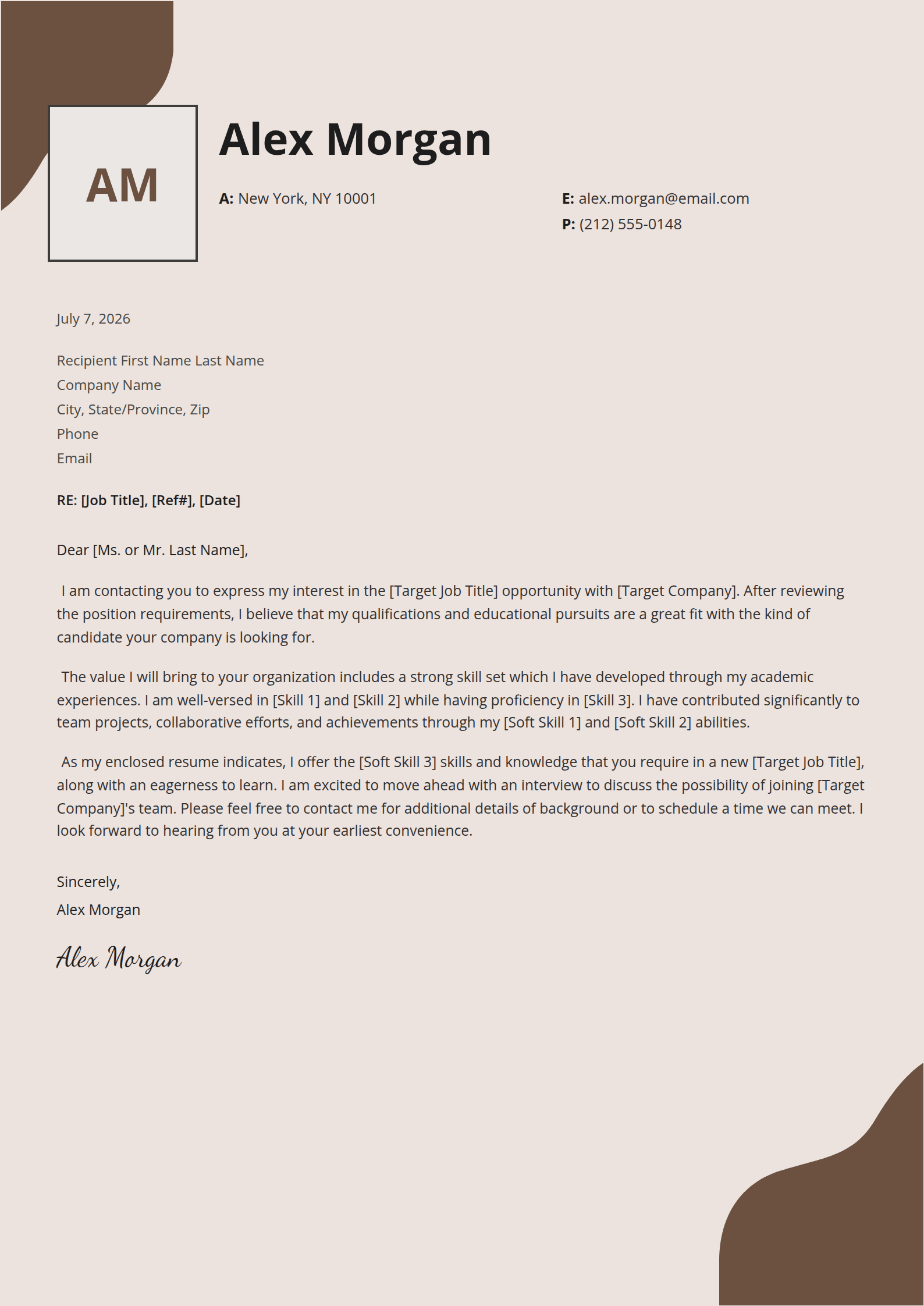 Velvet cover letter template: Brown corner sweeps on a dusty-pink page.