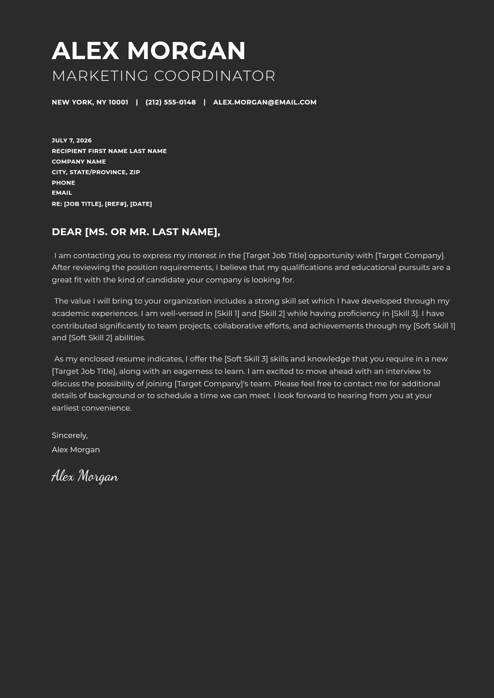 Vesper cover letter template: Light type on a charcoal page, with nothing else drawn.